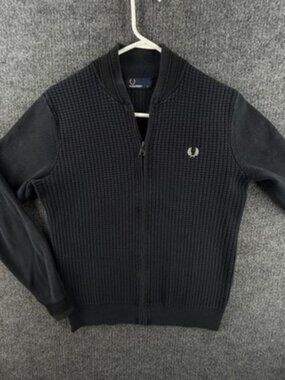Fred Perry Waffle Knit Logo Small Long Sleeve Cotton Nylon Full Zip Black Solid